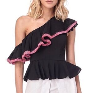 N12H Belvedere One Shoulder Fringe Trim Peplum Ruffle Top Black Pink Sz Small